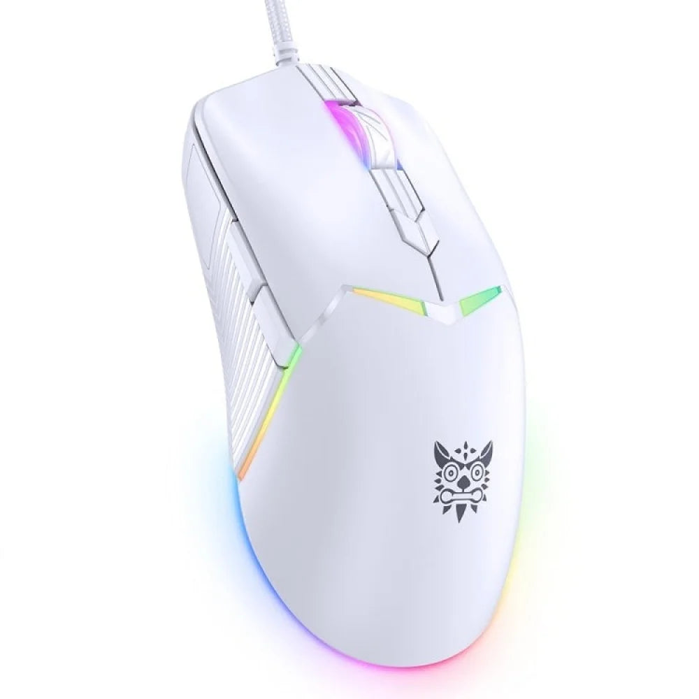 ماوس الألعاب السلكي Onikuma CW929، اتصال USB، 6400 نقطة في البوصة، إضاءة RGB، كابل 1.6 متر - أبيض