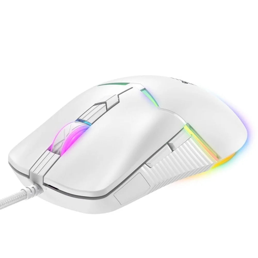 ماوس الألعاب السلكي Onikuma CW929، اتصال USB، 6400 نقطة في البوصة، إضاءة RGB، كابل 1.6 متر - أبيض