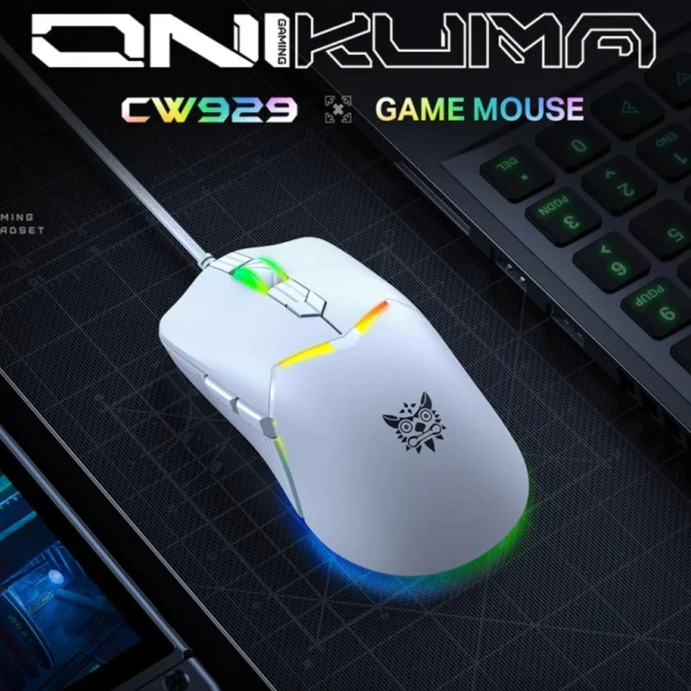 ماوس الألعاب السلكي Onikuma CW929، اتصال USB، 6400 نقطة في البوصة، إضاءة RGB، كابل 1.6 متر - أبيض