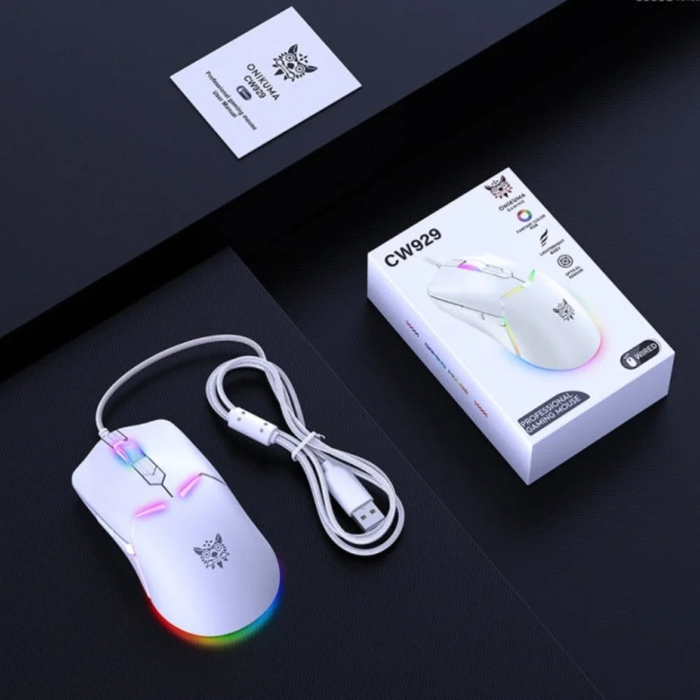 ماوس الألعاب السلكي Onikuma CW929، اتصال USB، 6400 نقطة في البوصة، إضاءة RGB، كابل 1.6 متر - أبيض