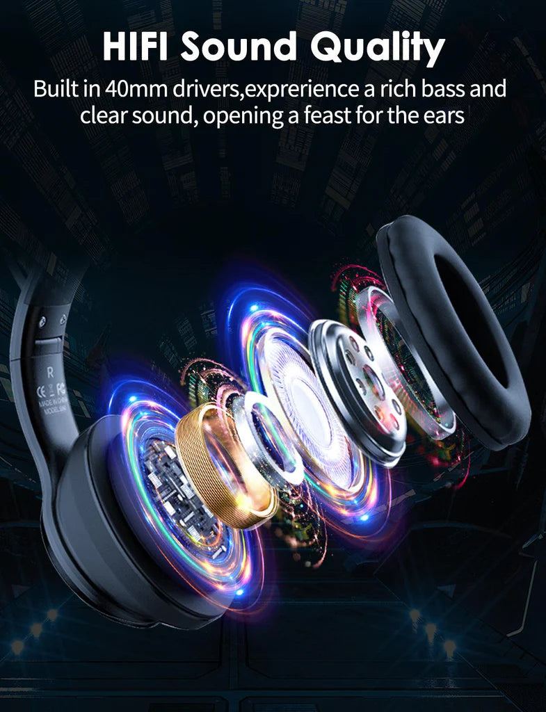 سماعة رأس لاسلكية ONIKUMA B90 بتقنية بلوتوث 5.3، وسماعات أذن قطط RGB، وتصميم قابل للطي، وبطارية تدوم 55 ساعة - لون أسود