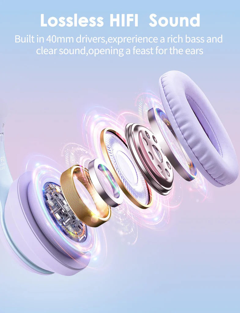 سماعة رأس لاسلكية ONIKUMA B90 بتقنية بلوتوث 5.3، وسماعات أذن قطط RGB، وتصميم قابل للطي، وبطارية تدوم 55 ساعة - لون بنفسجي متدرج