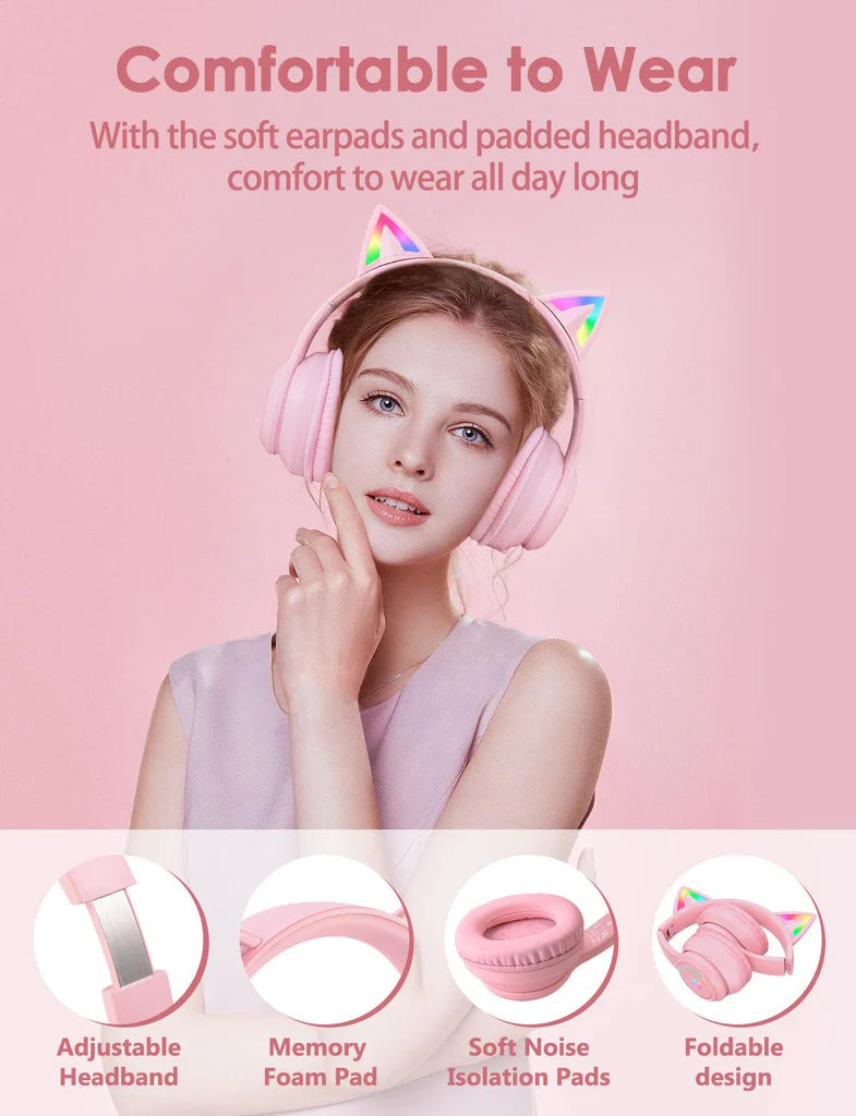 سماعة رأس لاسلكية ONIKUMA B90 بتقنية بلوتوث 5.3، وسماعات أذن قطط RGB، وتصميم قابل للطي، وبطارية تدوم 55 ساعة - وردي