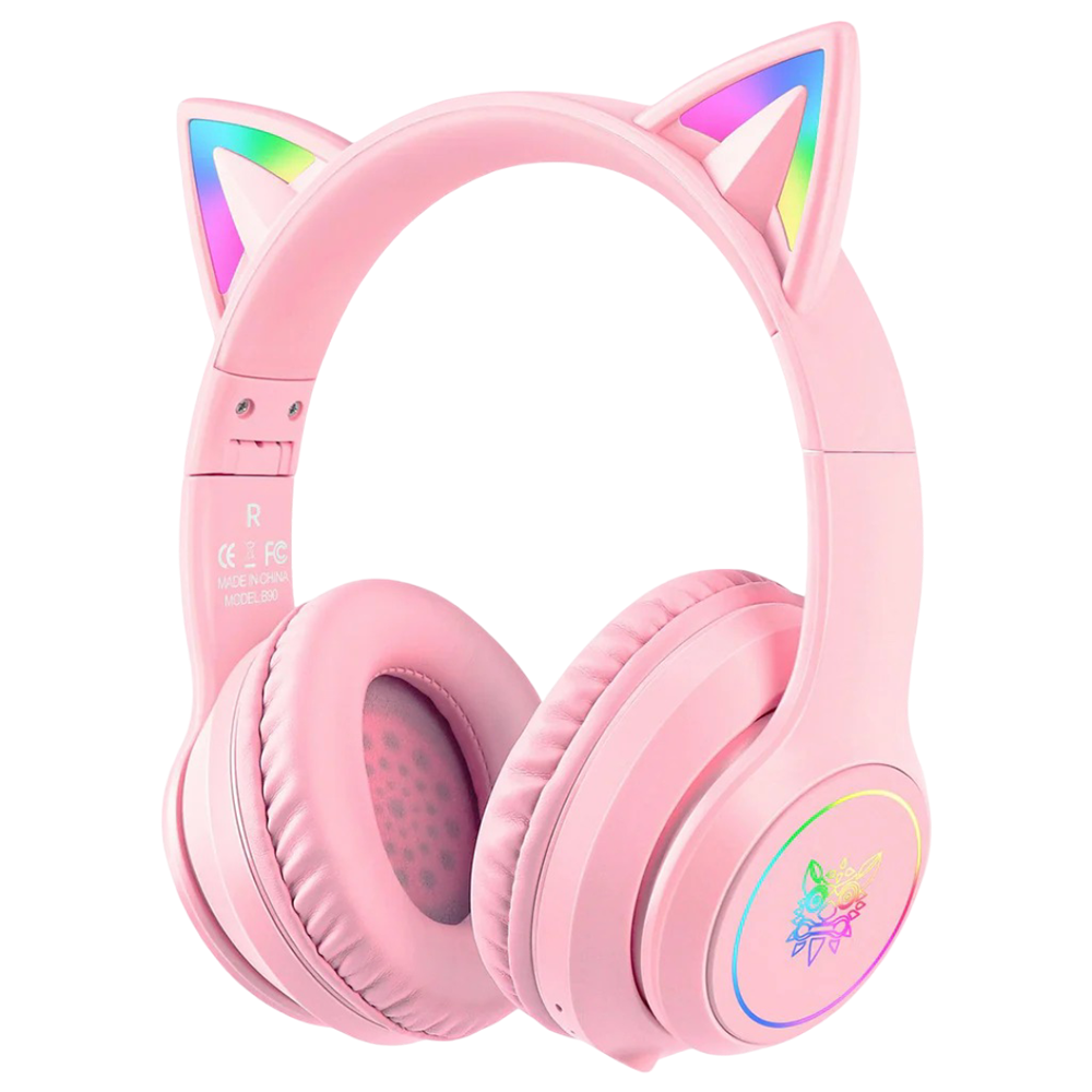 ONIKUMA B90 Wireless Bluetooth Headset with Bluetooth 5.3, RGB Cat Ears, Foldable Design, and 55 Hour Battery – Pink