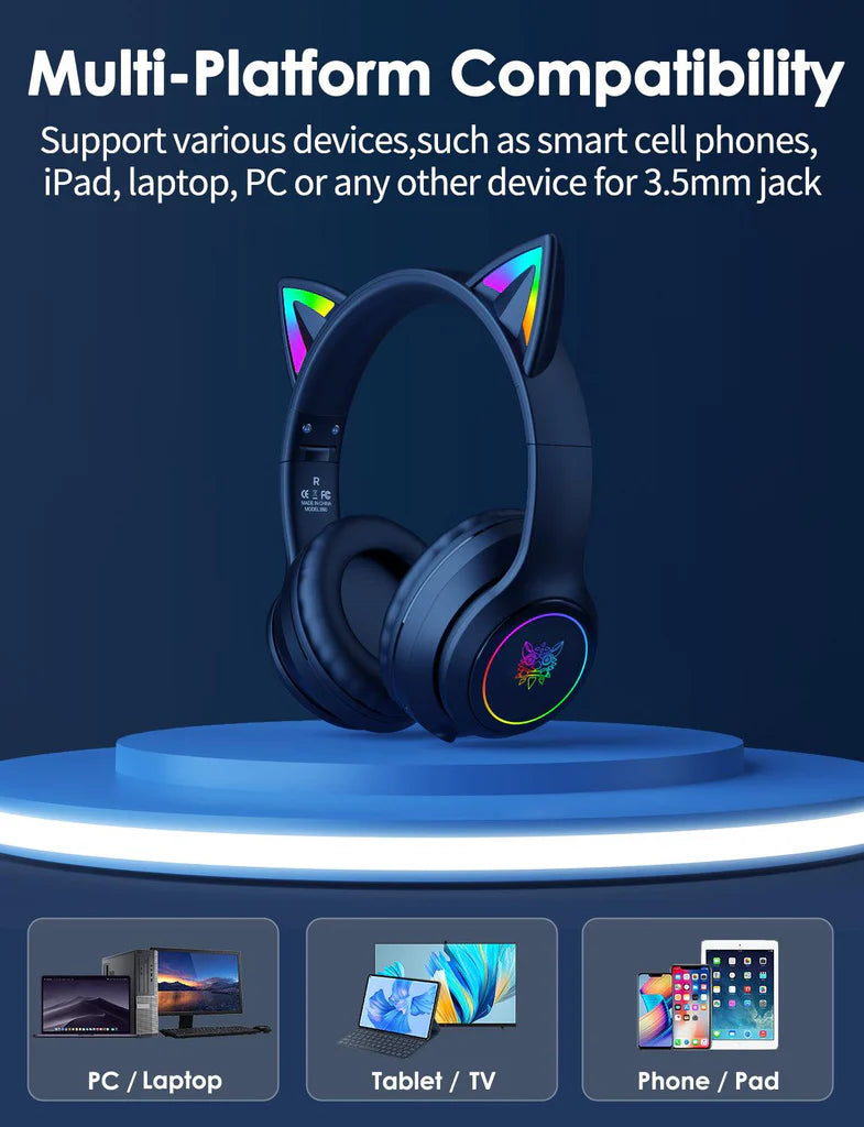 سماعة رأس لاسلكية ONIKUMA B90 بتقنية بلوتوث 5.3، وسماعات أذن قطط RGB، وتصميم قابل للطي، وبطارية تدوم 55 ساعة - لون أسود