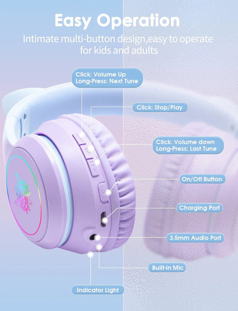 سماعة رأس لاسلكية ONIKUMA B90 بتقنية بلوتوث 5.3، وسماعات أذن قطط RGB، وتصميم قابل للطي، وبطارية تدوم 55 ساعة - لون بنفسجي متدرج
