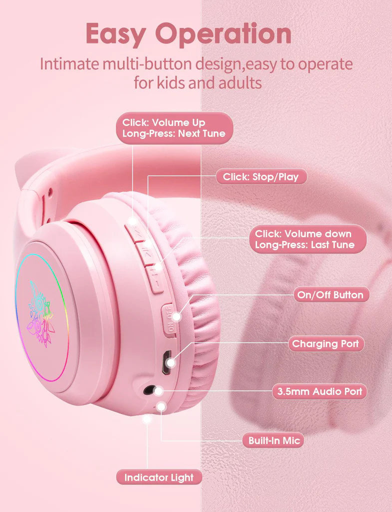 سماعة رأس لاسلكية ONIKUMA B90 بتقنية بلوتوث 5.3، وسماعات أذن قطط RGB، وتصميم قابل للطي، وبطارية تدوم 55 ساعة - وردي
