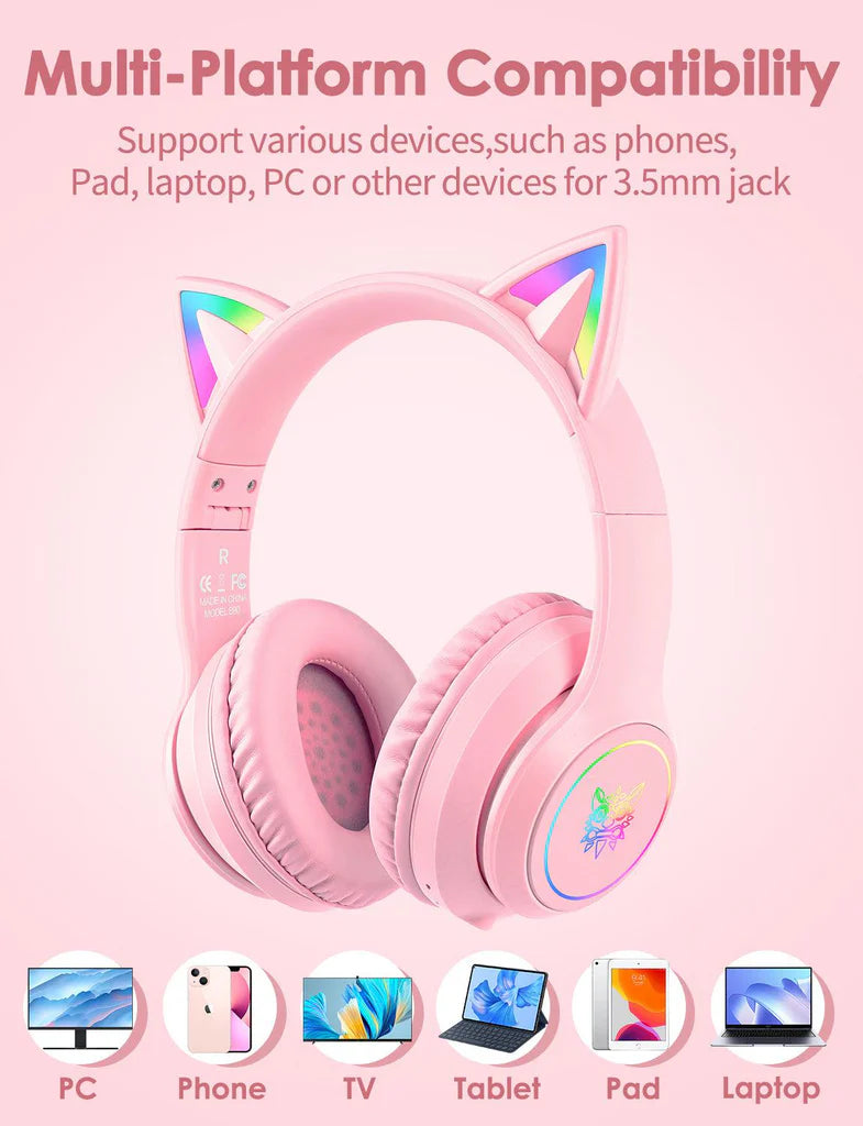 سماعة رأس لاسلكية ONIKUMA B90 بتقنية بلوتوث 5.3، وسماعات أذن قطط RGB، وتصميم قابل للطي، وبطارية تدوم 55 ساعة - وردي
