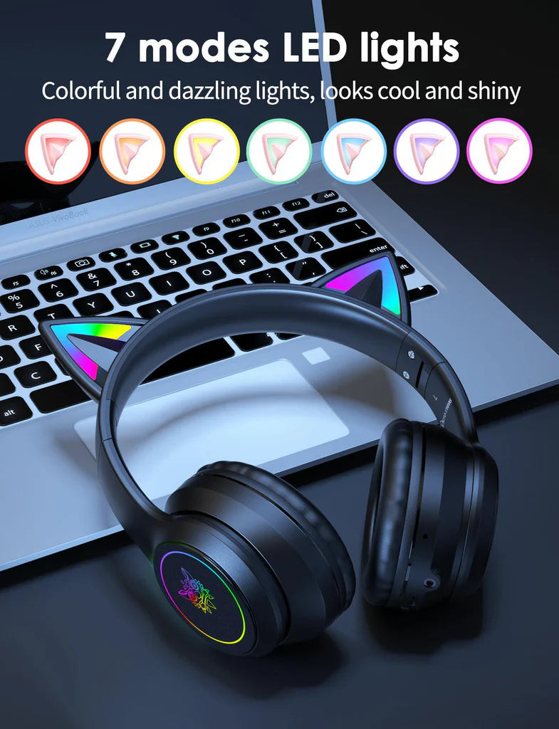 سماعة رأس لاسلكية ONIKUMA B90 بتقنية بلوتوث 5.3، وسماعات أذن قطط RGB، وتصميم قابل للطي، وبطارية تدوم 55 ساعة - لون أسود