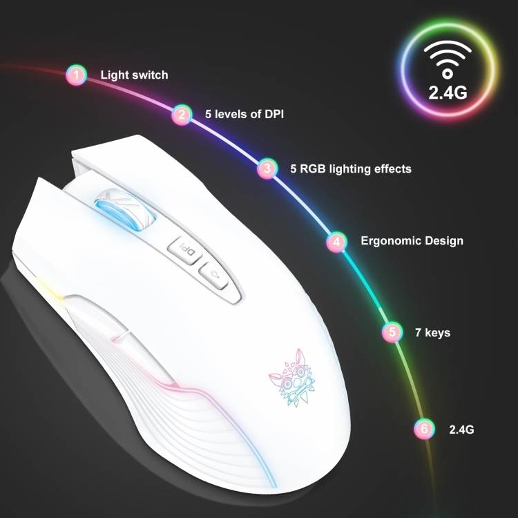ماوس الألعاب اللاسلكي ONIKUMA CW905 مع اتصال USB 2.4 جيجاهرتز وإضاءة RGB و3600 نقطة في البوصة - أبيض