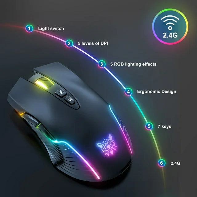 ماوس الألعاب اللاسلكي ONIKUMA CW905 مع اتصال USB 2.4 جيجاهرتز وإضاءة RGB و3600 نقطة في البوصة - أسود