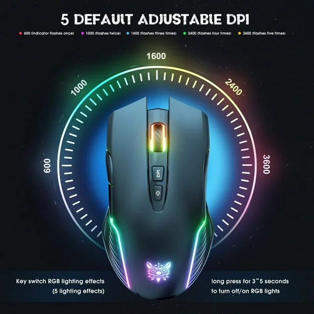 ماوس الألعاب اللاسلكي ONIKUMA CW905 مع اتصال USB 2.4 جيجاهرتز وإضاءة RGB و3600 نقطة في البوصة - أسود