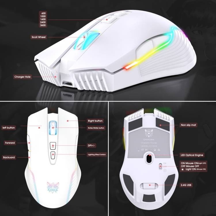 ماوس الألعاب اللاسلكي ONIKUMA CW905 مع اتصال USB 2.4 جيجاهرتز وإضاءة RGB و3600 نقطة في البوصة - أبيض