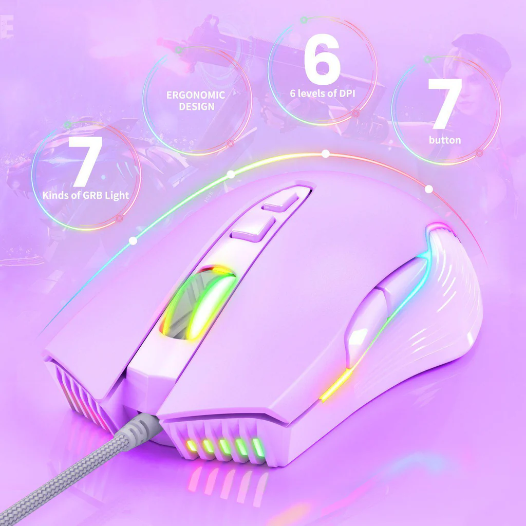 ماوس الألعاب السلكي ONIKUMA CW905 بإضاءة RGB، 6400 نقطة في البوصة، 7 أزرار، اتصال USB، وكابل 1.5 متر - أرجواني