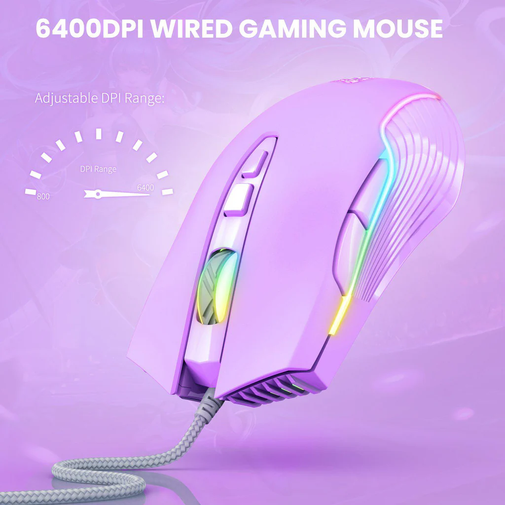 ماوس الألعاب السلكي ONIKUMA CW905 بإضاءة RGB، 6400 نقطة في البوصة، 7 أزرار، اتصال USB، وكابل 1.5 متر - أرجواني