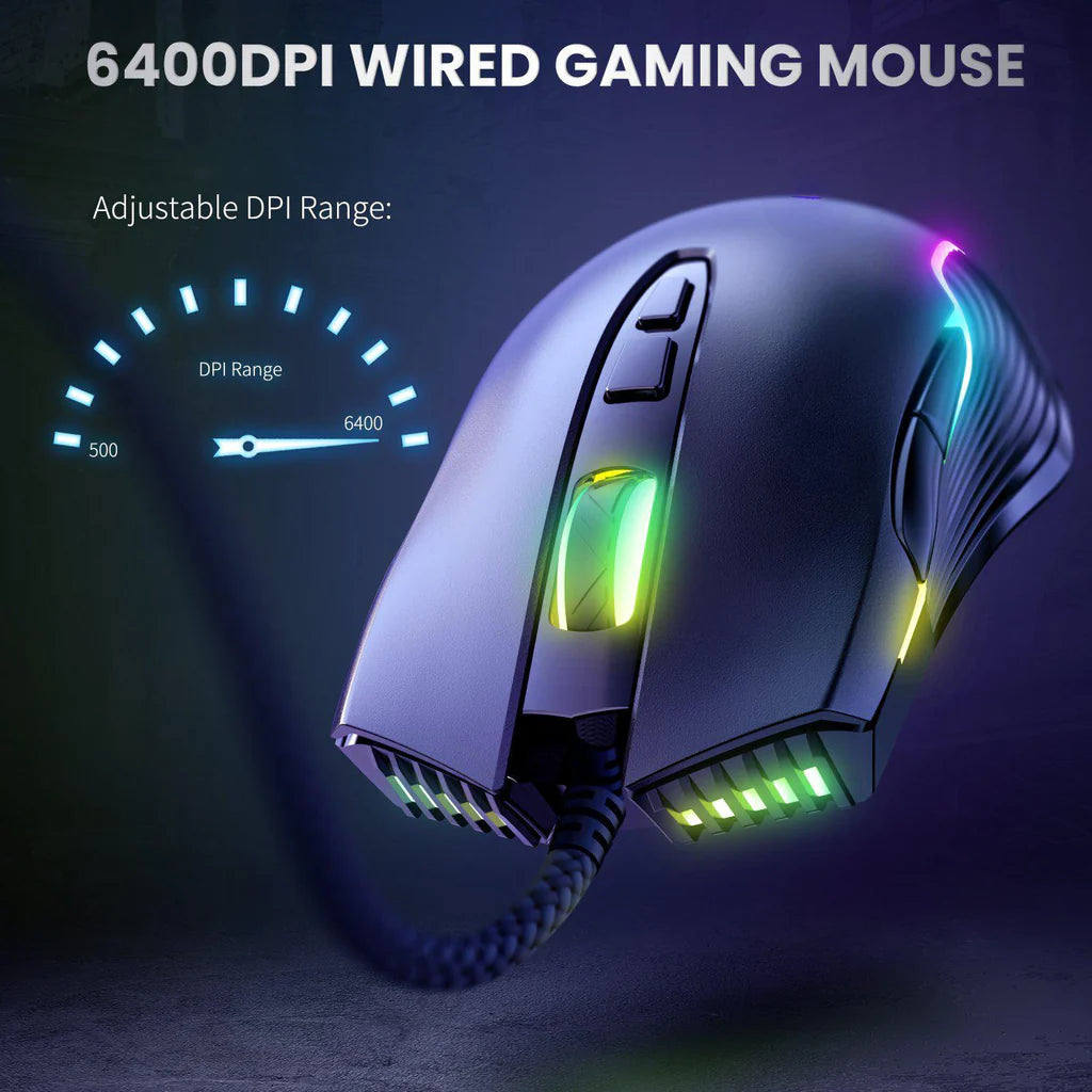 ماوس الألعاب السلكي ONIKUMA CW905 بإضاءة RGB، 6400 نقطة في البوصة، 7 أزرار، اتصال USB، وكابل 1.5 متر - أسود