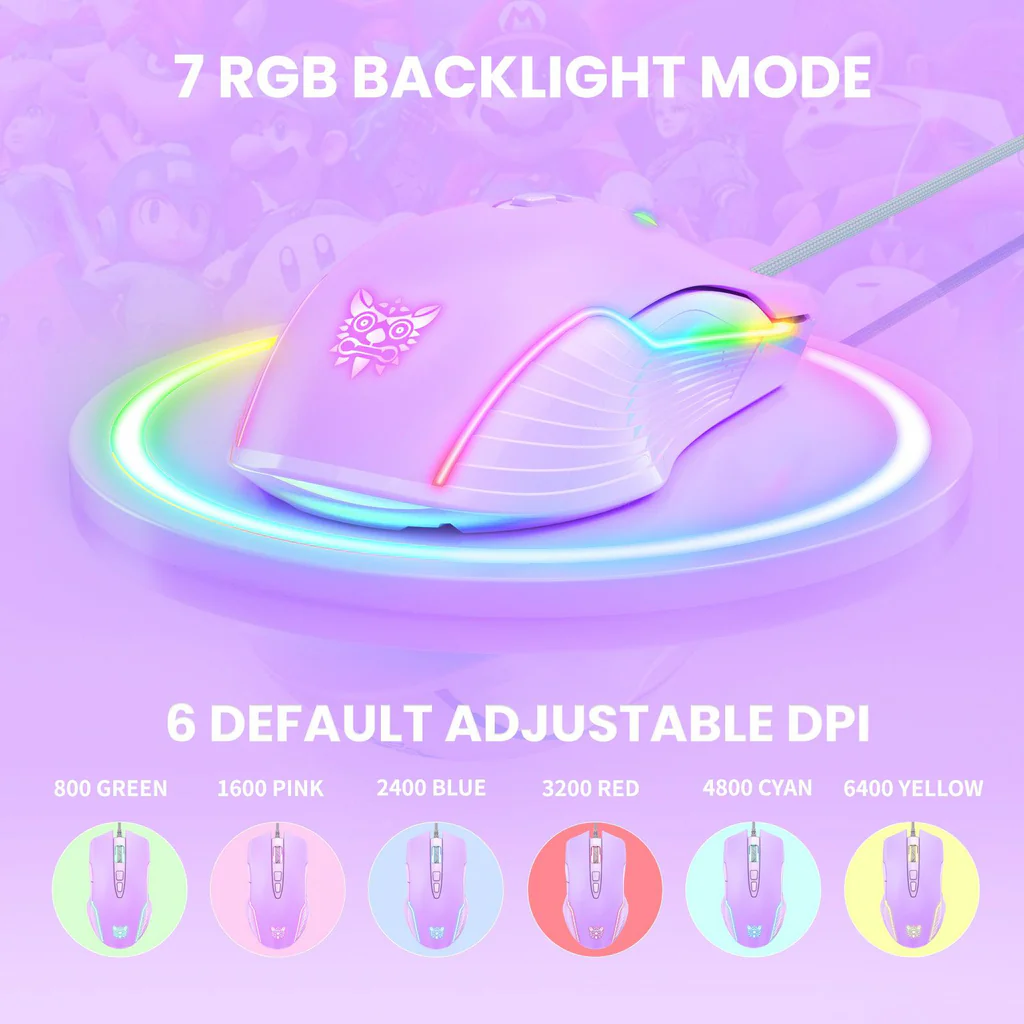 ماوس الألعاب السلكي ONIKUMA CW905 بإضاءة RGB، 6400 نقطة في البوصة، 7 أزرار، اتصال USB، وكابل 1.5 متر - أرجواني