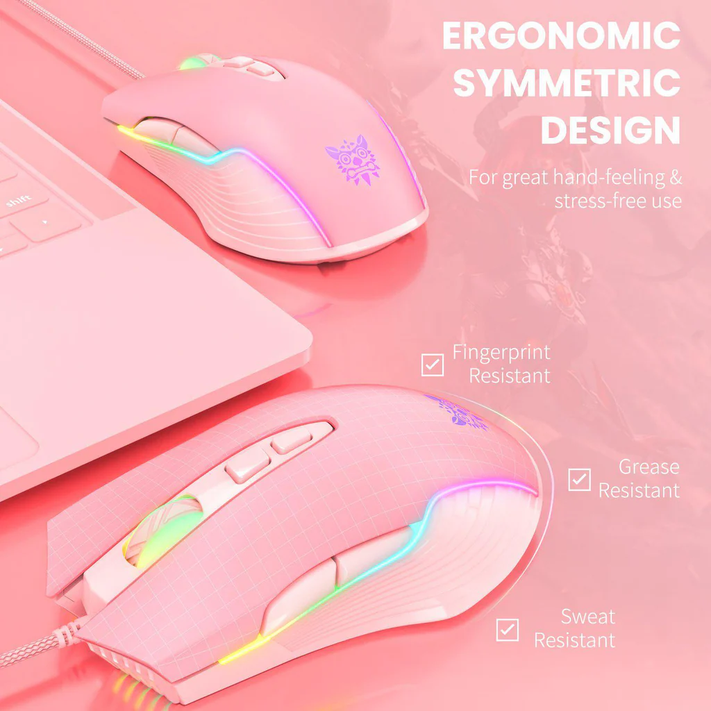 ماوس الألعاب السلكي ONIKUMA CW905 بإضاءة RGB، 6400 نقطة في البوصة، 7 أزرار، اتصال USB، وكابل 1.5 متر - وردي