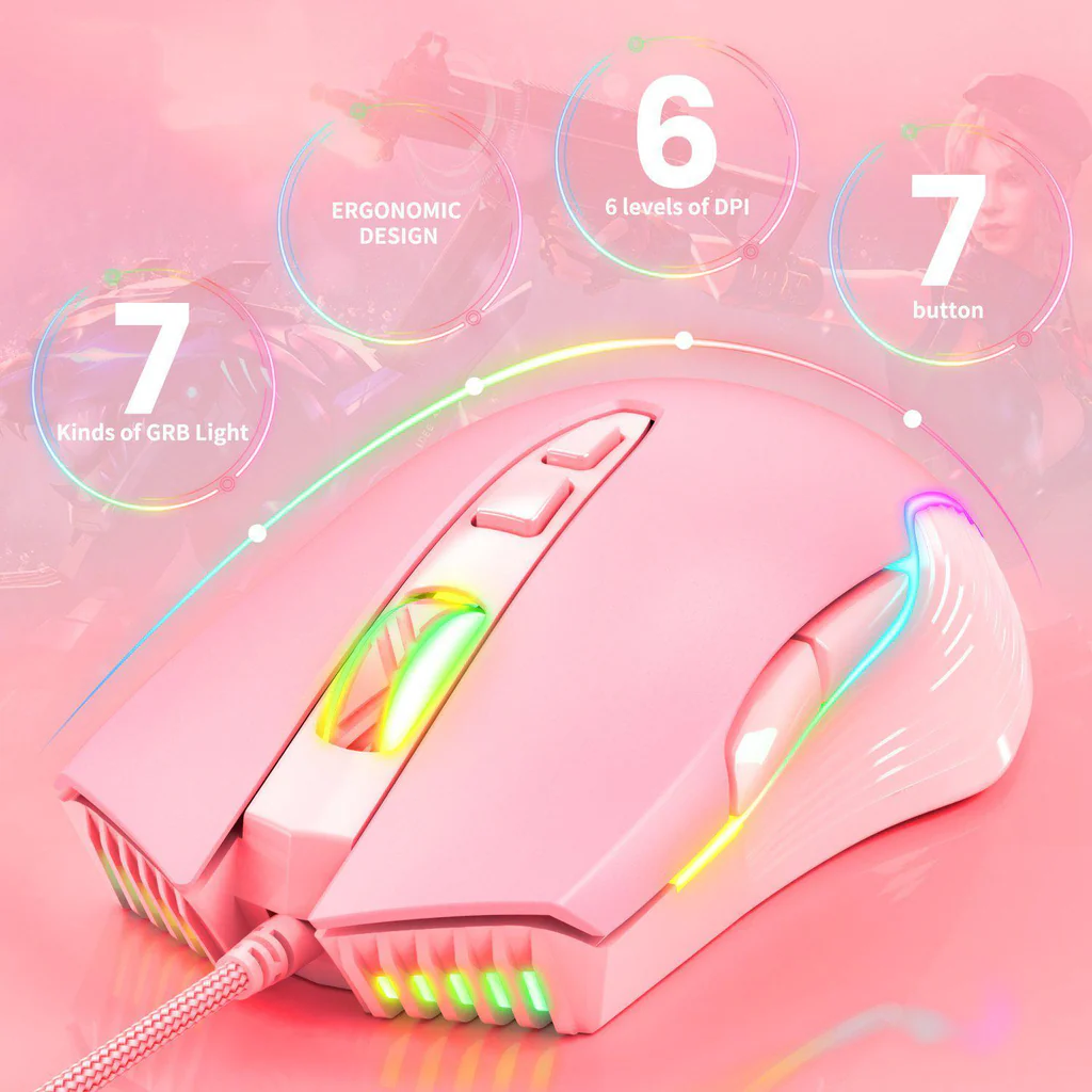 ماوس الألعاب السلكي ONIKUMA CW905 بإضاءة RGB، 6400 نقطة في البوصة، 7 أزرار، اتصال USB، وكابل 1.5 متر - وردي