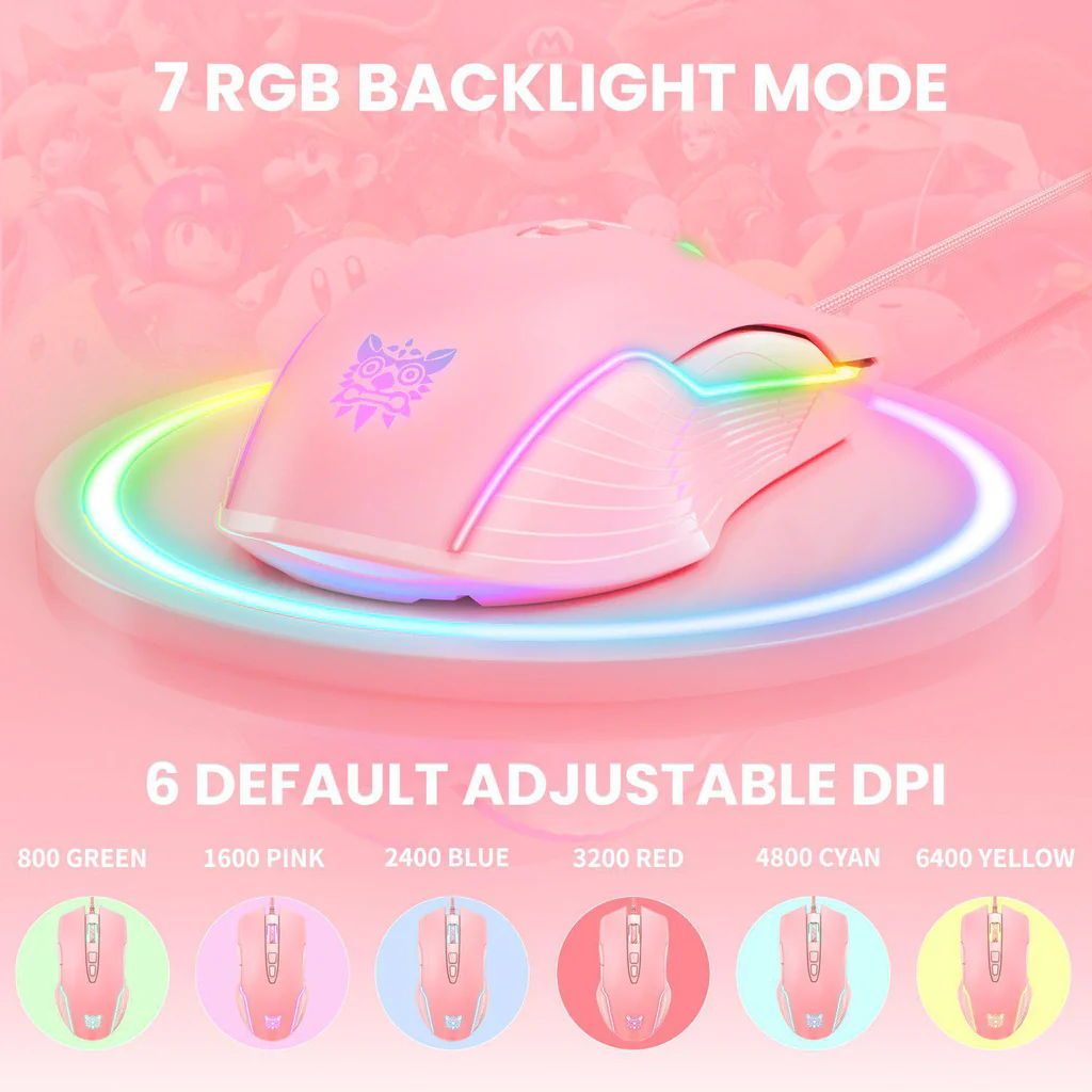 ماوس الألعاب السلكي ONIKUMA CW905 بإضاءة RGB، 6400 نقطة في البوصة، 7 أزرار، اتصال USB، وكابل 1.5 متر - وردي