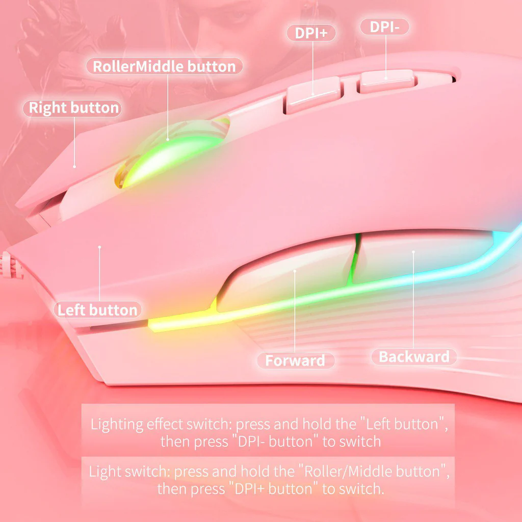 ماوس الألعاب السلكي ONIKUMA CW905 بإضاءة RGB، 6400 نقطة في البوصة، 7 أزرار، اتصال USB، وكابل 1.5 متر - وردي