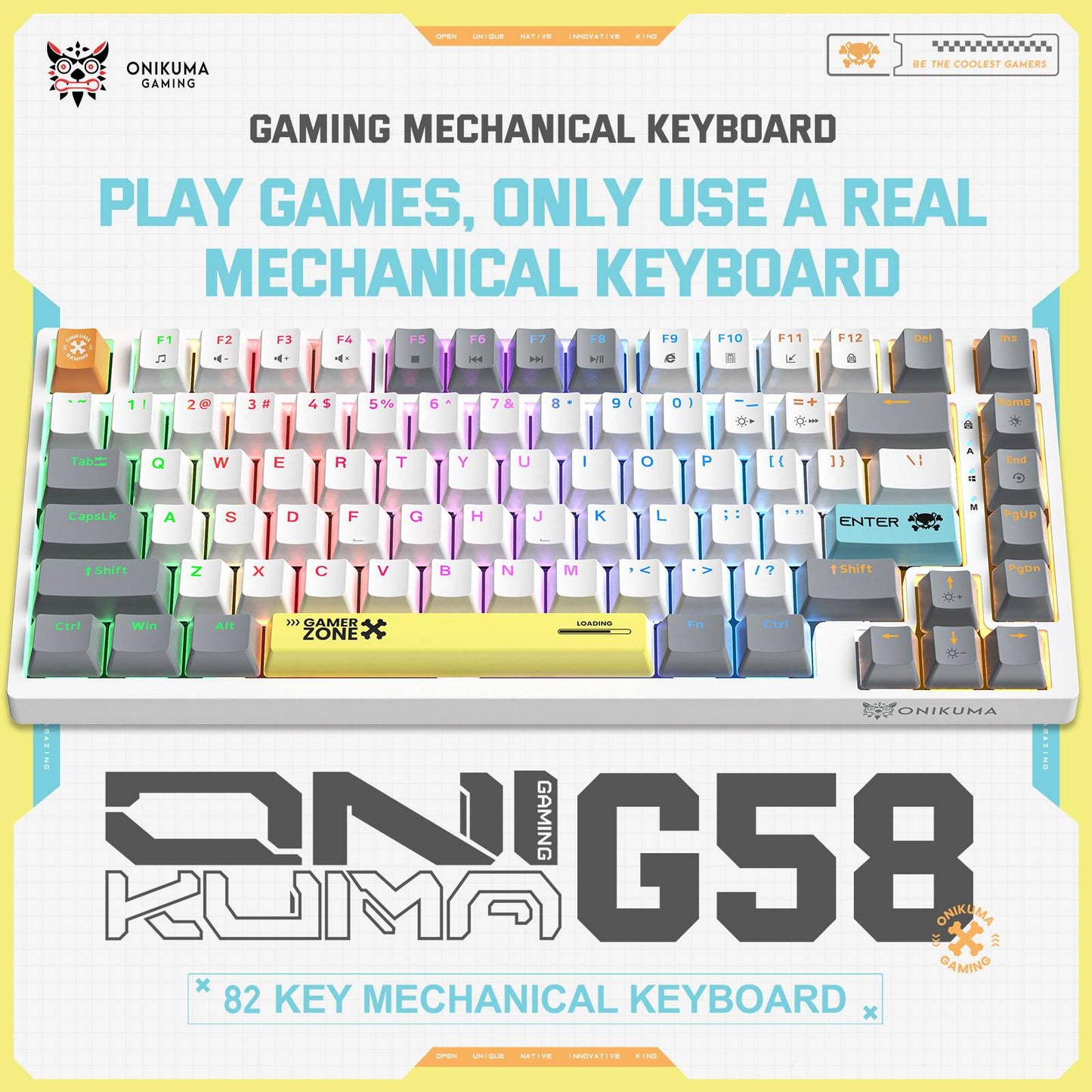 لوحة مفاتيح الألعاب الميكانيكية السلكية ONIKUMA G58 بمفاتيح بنية اللون، وإضاءة خلفية RGB، و82 مفتاحًا، ووصلة USB، وكابل بطول 1.8 متر - أبيض ورمادي وبرتقالي وأصفر وأزرق