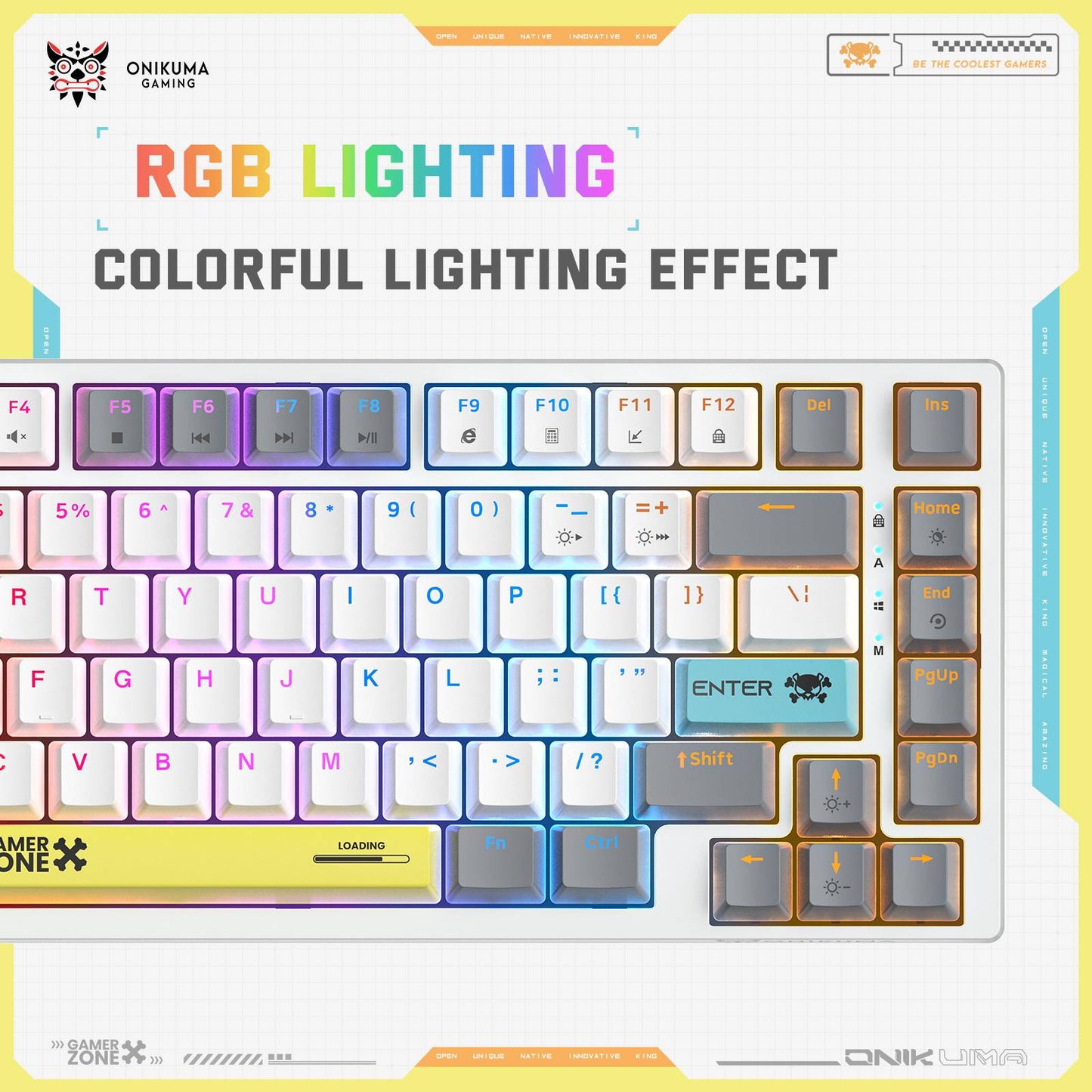 لوحة مفاتيح الألعاب الميكانيكية السلكية ONIKUMA G58 بمفاتيح بنية اللون، وإضاءة خلفية RGB، و82 مفتاحًا، ووصلة USB، وكابل بطول 1.8 متر - أبيض ورمادي وبرتقالي وأصفر وأزرق