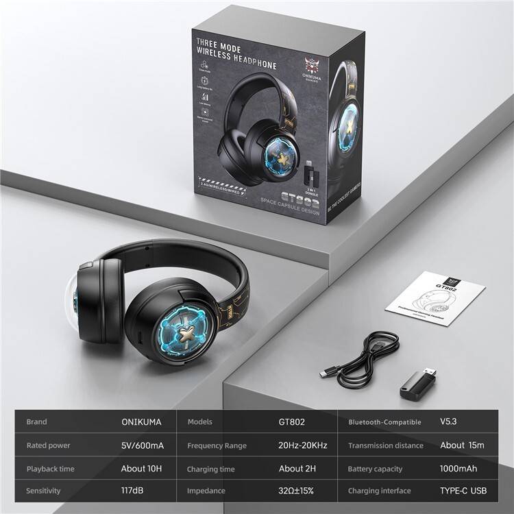سماعة الألعاب اللاسلكية ثلاثية الأوضاع ONIKUMA GT802 مع إضاءة RGB وتحكم في مستوى الصوت وبطارية تدوم 10 ساعات - أسود