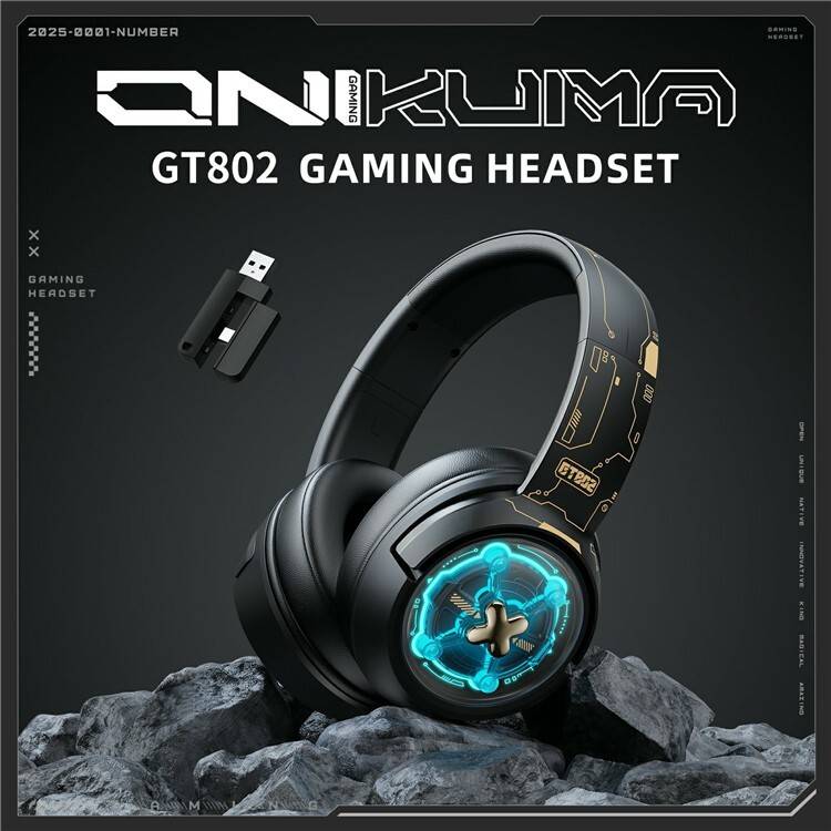 سماعة الألعاب اللاسلكية ثلاثية الأوضاع ONIKUMA GT802 مع إضاءة RGB وتحكم في مستوى الصوت وبطارية تدوم 10 ساعات - أسود