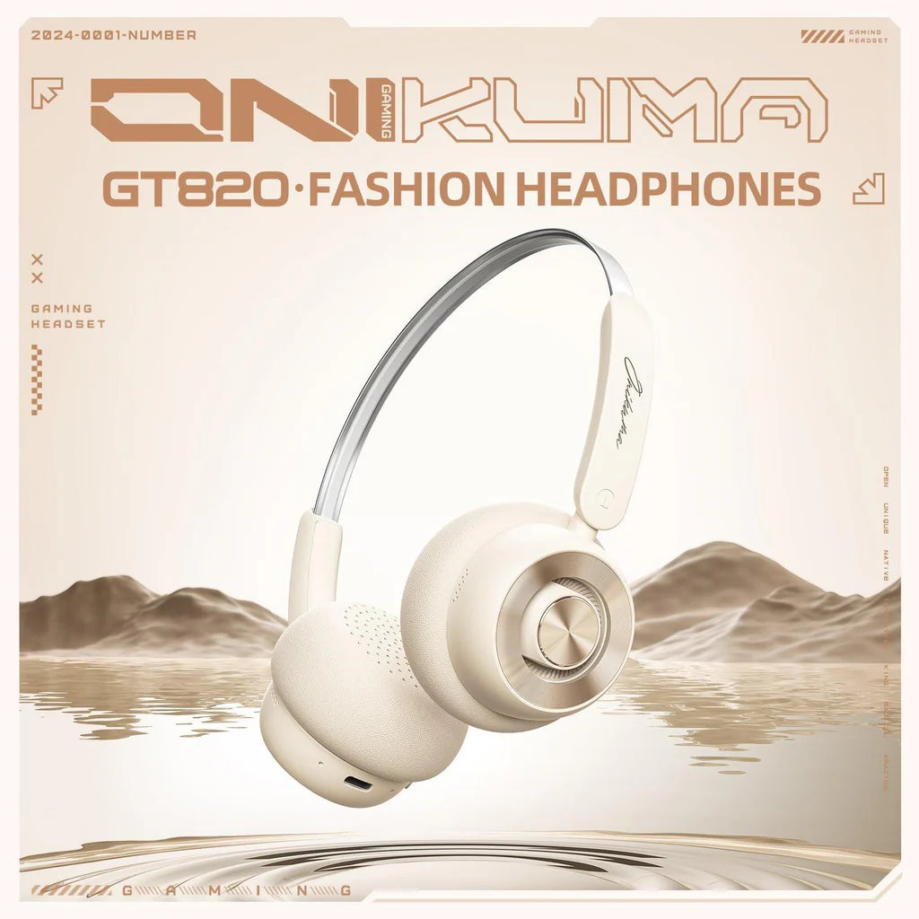 سماعة رأس لاسلكية ONIKUMA GT820 بتقنية بلوتوث 5.4، وزمن انتقال منخفض، وشحن من النوع C، وبطارية تدوم 65 ساعة - بيج