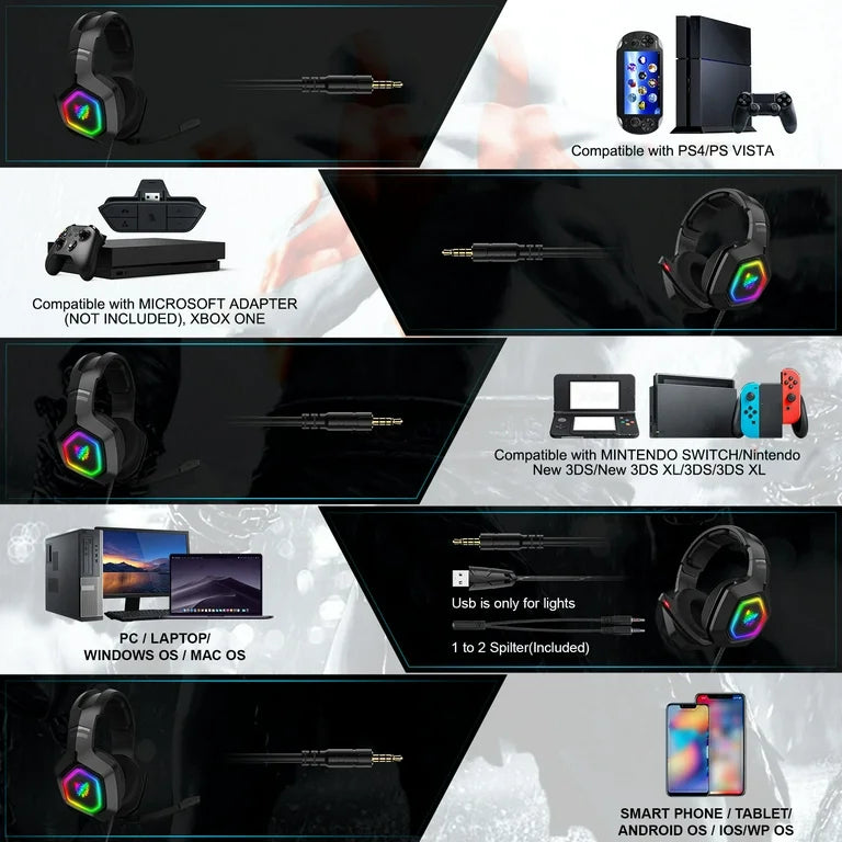سماعة الألعاب السلكية ONIKUMA K10 مع إضاءة RGB وميكروفون مدمج وكابل بطول 1.5 متر - أبيض
