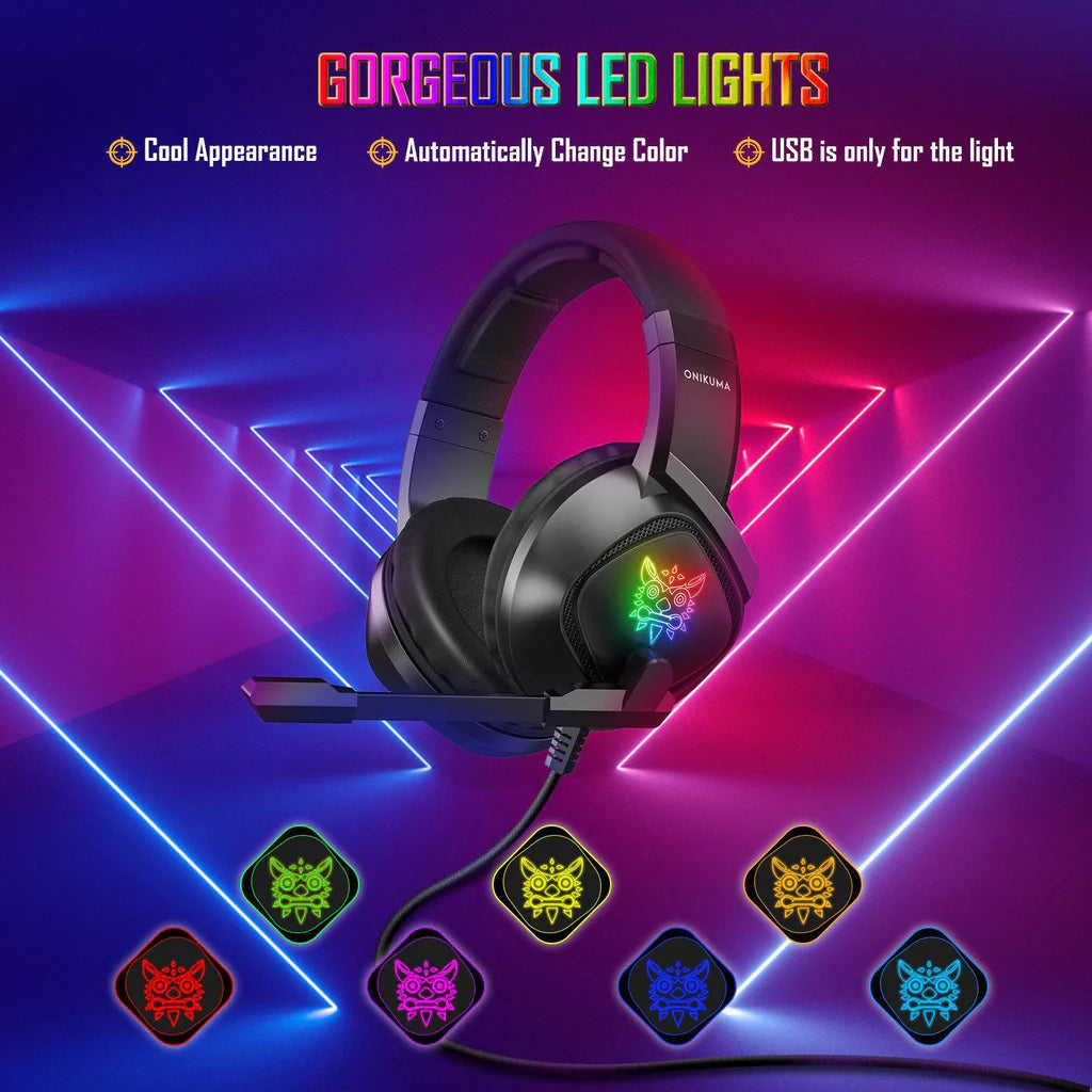 سماعة الألعاب السلكية ONIKUMA K19 مع إضاءة RGB وميكروفون مدمج ومنفذ USB ومنفذ 3.5 مم وكابل 2.2 متر - أسود