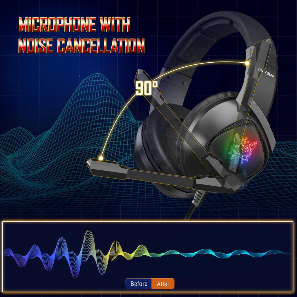 سماعة الألعاب السلكية ONIKUMA K19 مع إضاءة RGB وميكروفون مدمج ومنفذ USB ومنفذ 3.5 مم وكابل 2.2 متر - أسود
