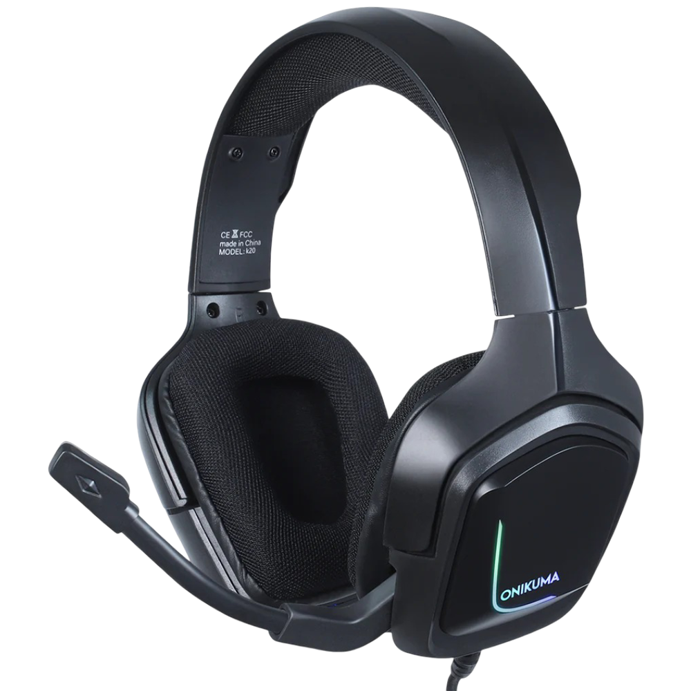 ONIKUMA K20 Wired Gaming Headset with RGB Lighting, Noise Cancelling Mic, USB and 3.5mm Connection, and 2m Cable – Black