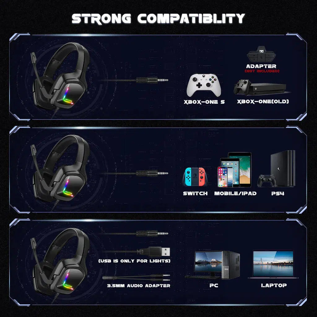 سماعة الألعاب السلكية ONIKUMA K20 مع إضاءة RGB وميكروفون عازل للضوضاء ومنفذ USB ومنفذ 3.5 مم وكابل بطول 2 متر - أسود