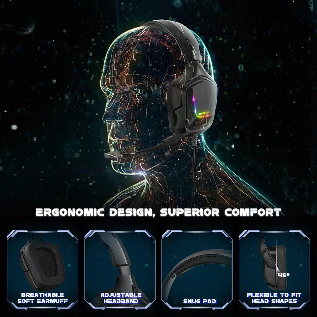 سماعة الألعاب السلكية ONIKUMA K20 مع إضاءة RGB وميكروفون عازل للضوضاء ومنفذ USB ومنفذ 3.5 مم وكابل بطول 2 متر - أسود