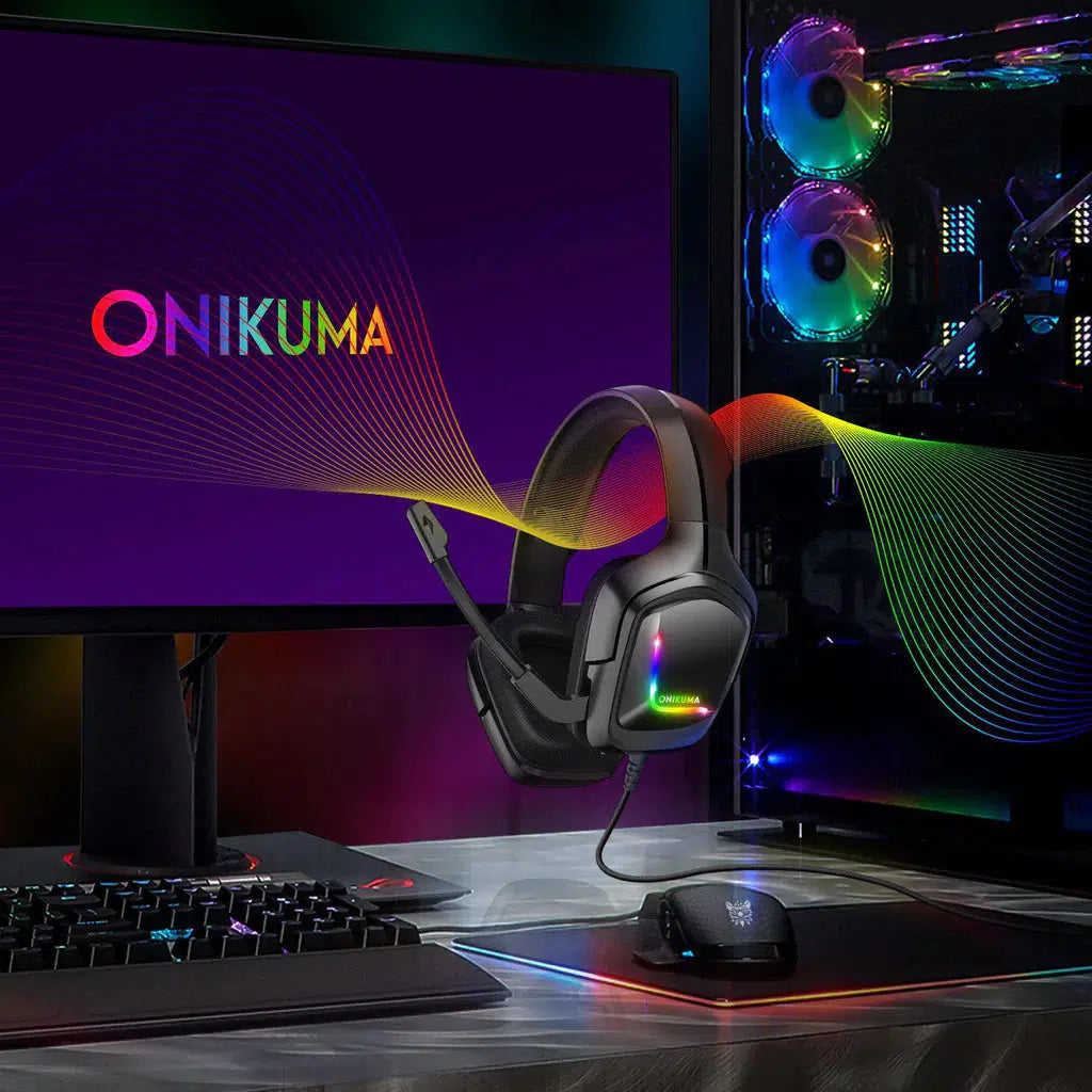 سماعة الألعاب السلكية ONIKUMA K20 مع إضاءة RGB وميكروفون عازل للضوضاء ومنفذ USB ومنفذ 3.5 مم وكابل بطول 2 متر - أسود