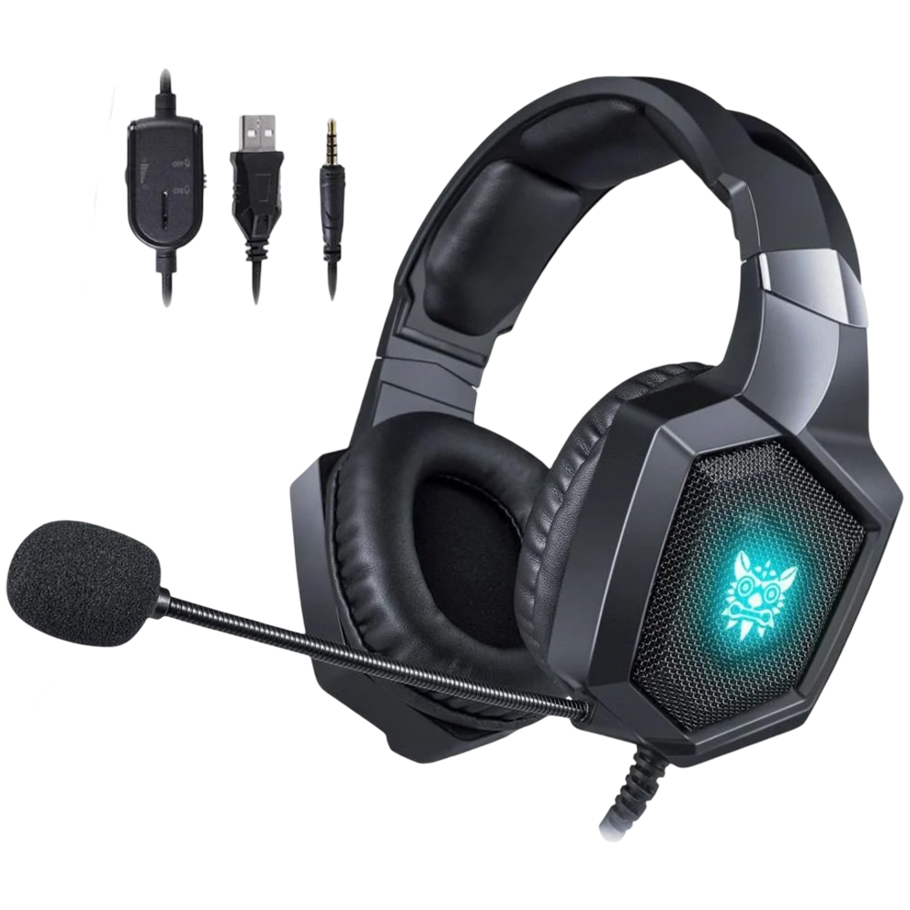 ONIKUMA K8 Wired Gaming Headset with RGB Lighting, Noise Cancelling Mic, USB and 3.5mm Connection, and 2.2m Cable – Black