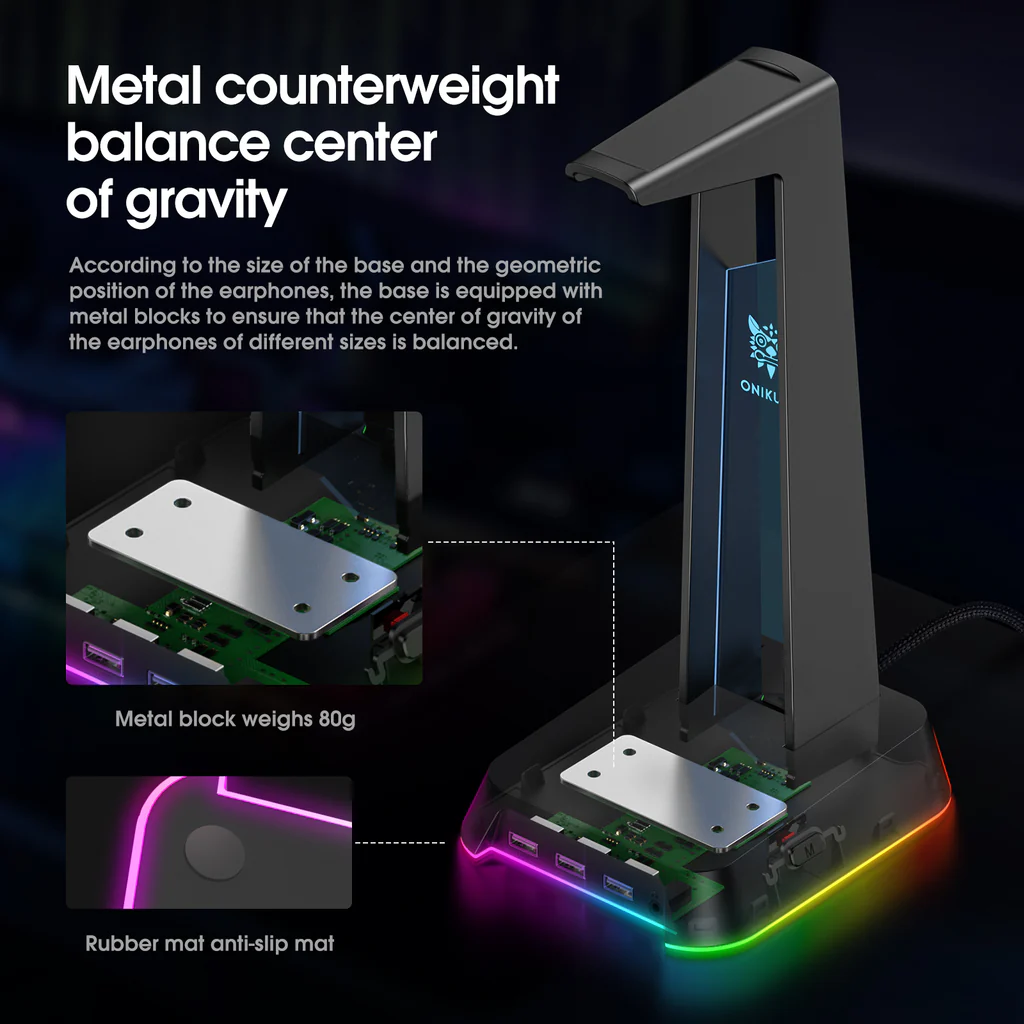 حامل سماعة رأس للألعاب ONIKUMA ST-2 RGB مع 3 منافذ USB وAUX 3.5 مم، 384 جرام - أسود