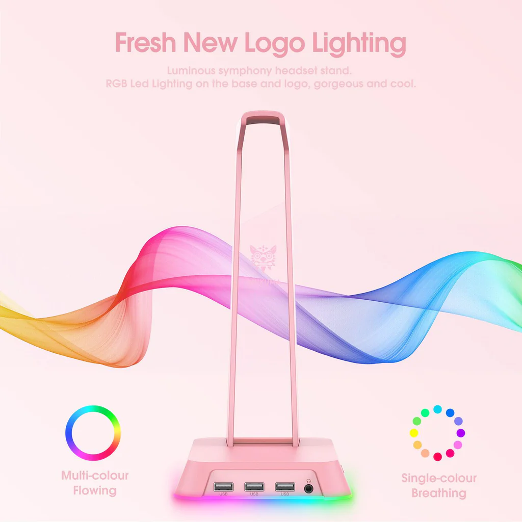 حامل سماعة رأس للألعاب ONIKUMA ST-2 RGB مزود بثلاثة منافذ USB ومنفذ AUX مقاس 3.5 مم، وزن 384 جرامًا - وردي