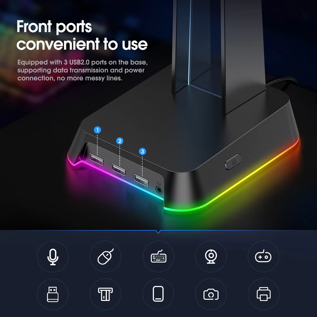 حامل سماعة رأس للألعاب ONIKUMA ST-2 RGB مع 3 منافذ USB وAUX 3.5 مم، 384 جرام - أسود