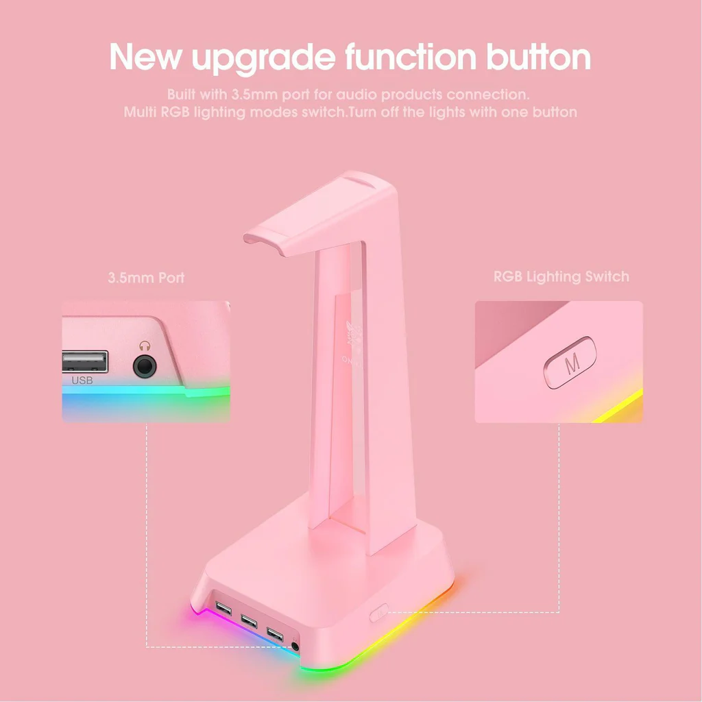 حامل سماعة رأس للألعاب ONIKUMA ST-2 RGB مزود بثلاثة منافذ USB ومنفذ AUX مقاس 3.5 مم، وزن 384 جرامًا - وردي
