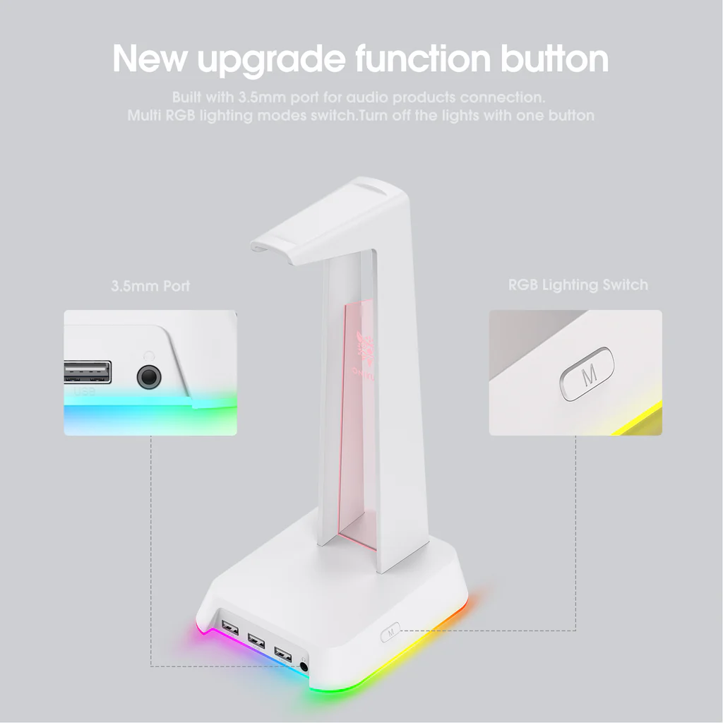 حامل سماعة رأس للألعاب ONIKUMA ST-2 RGB مع 3 منافذ USB وAUX 3.5 مم، 384 جرام - أبيض