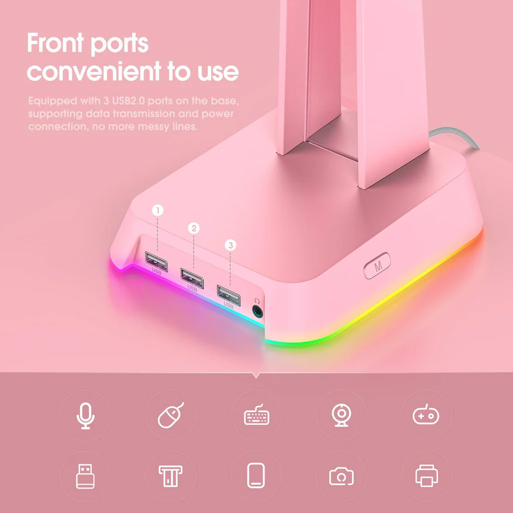 حامل سماعة رأس للألعاب ONIKUMA ST-2 RGB مزود بثلاثة منافذ USB ومنفذ AUX مقاس 3.5 مم، وزن 384 جرامًا - وردي