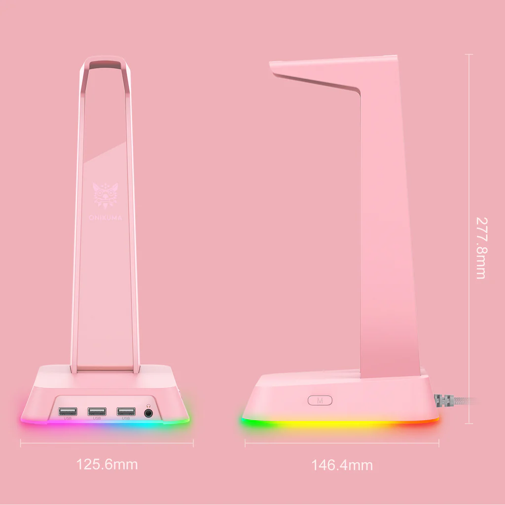 حامل سماعة رأس للألعاب ONIKUMA ST-2 RGB مزود بثلاثة منافذ USB ومنفذ AUX مقاس 3.5 مم، وزن 384 جرامًا - وردي