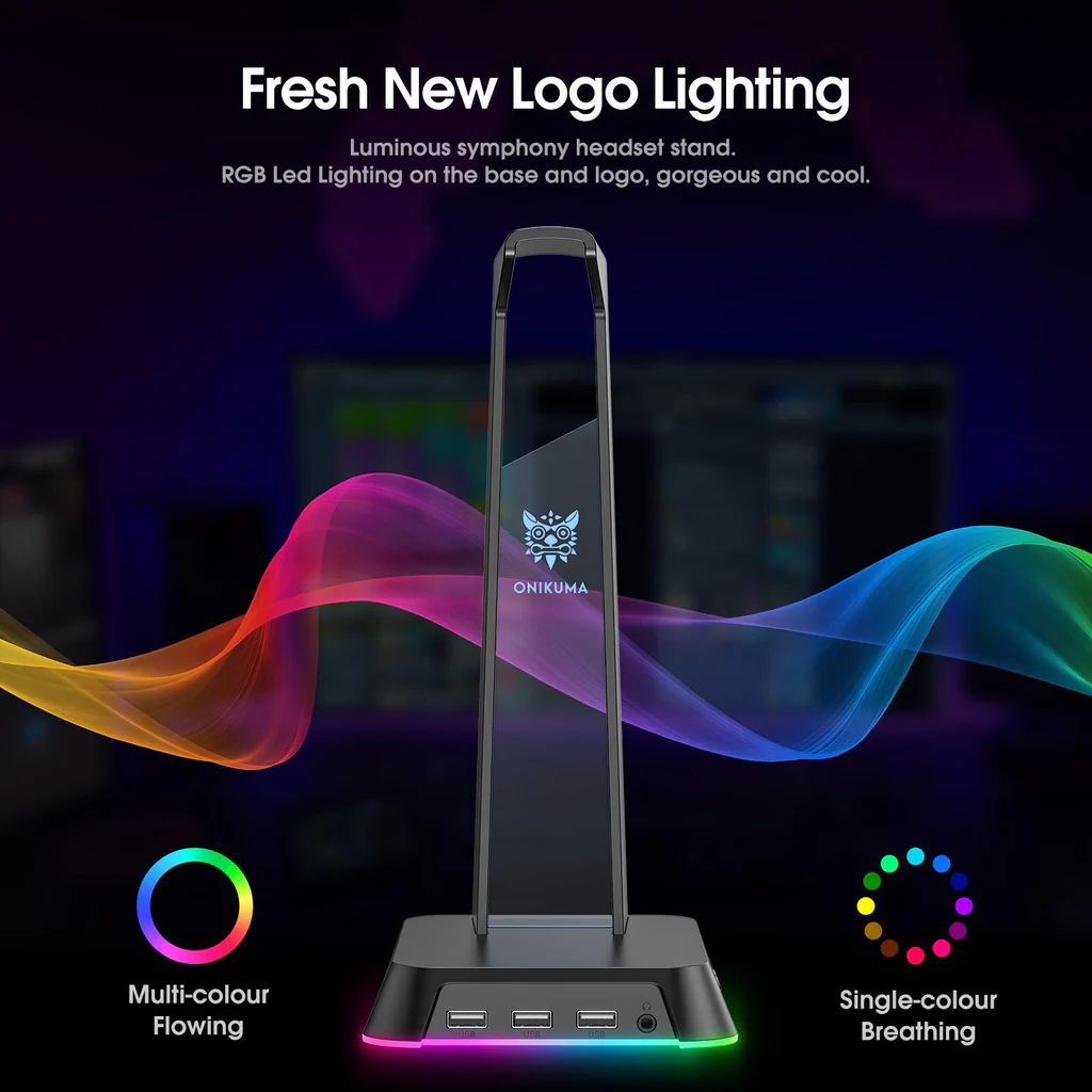 حامل سماعة رأس للألعاب ONIKUMA ST-2 RGB مع 3 منافذ USB وAUX 3.5 مم، 384 جرام - أسود