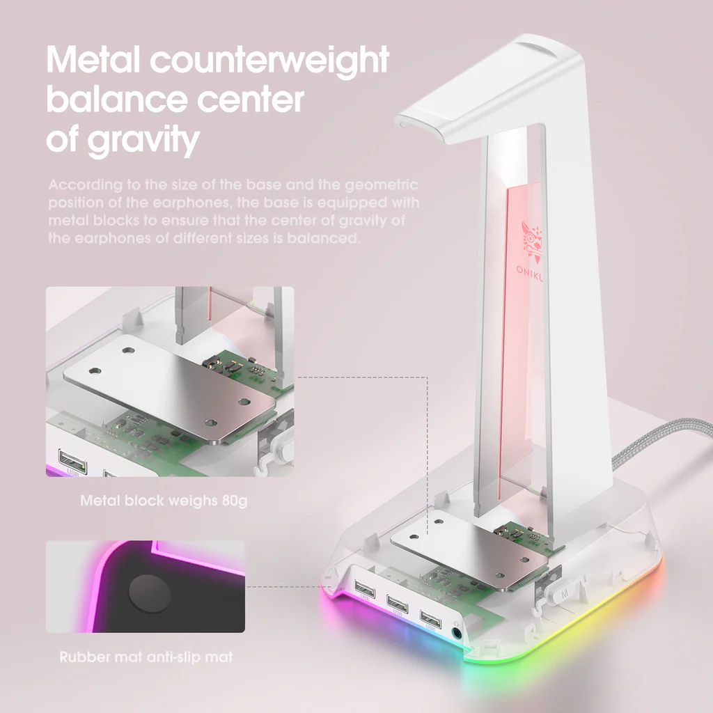 حامل سماعة رأس للألعاب ONIKUMA ST-2 RGB مع 3 منافذ USB وAUX 3.5 مم، 384 جرام - أبيض