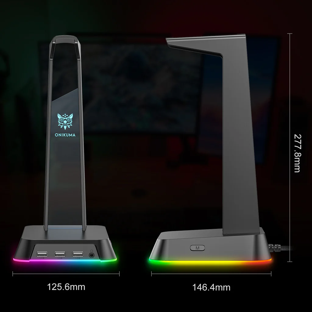 حامل سماعة رأس للألعاب ONIKUMA ST-2 RGB مع 3 منافذ USB وAUX 3.5 مم، 384 جرام - أسود