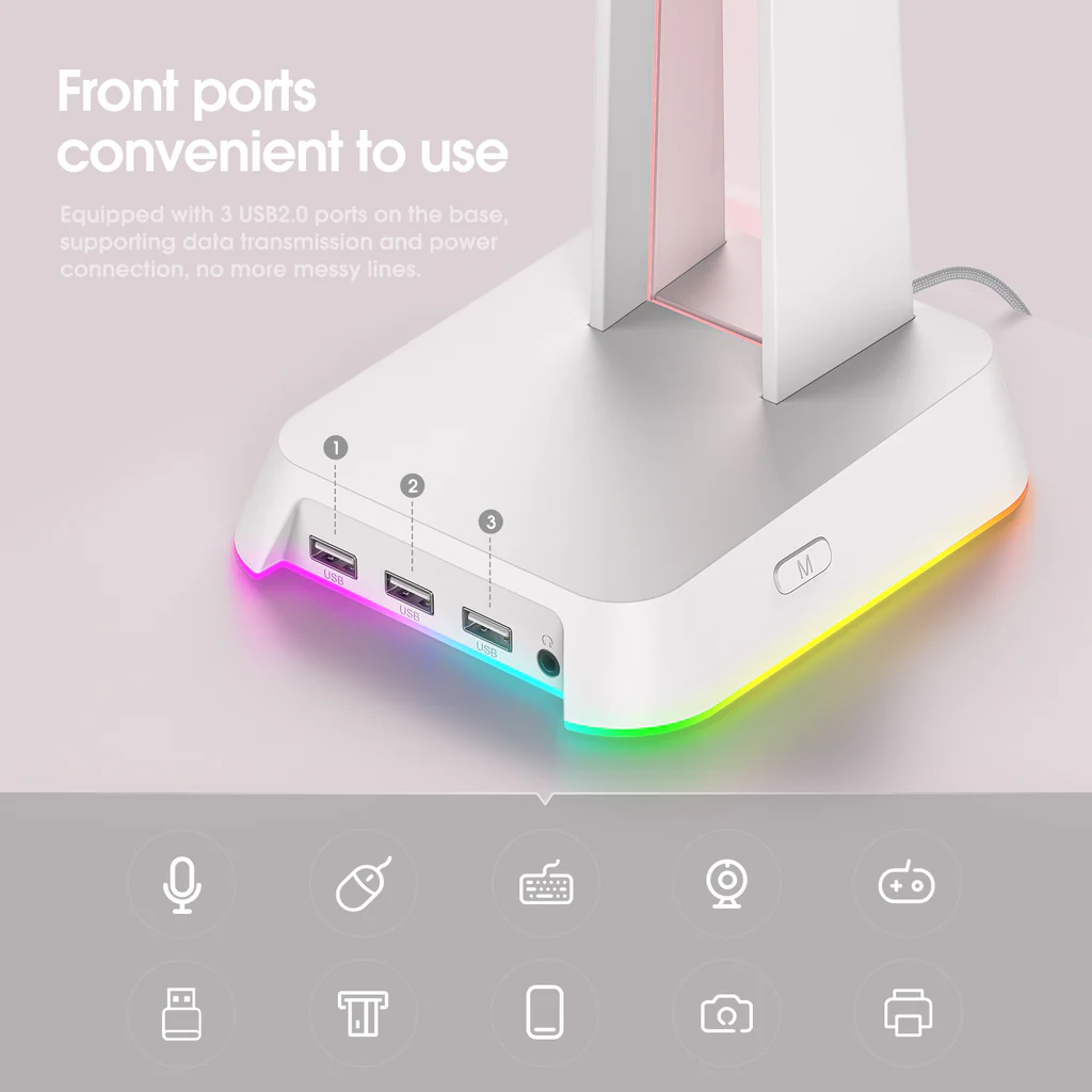 حامل سماعة رأس للألعاب ONIKUMA ST-2 RGB مع 3 منافذ USB وAUX 3.5 مم، 384 جرام - أبيض