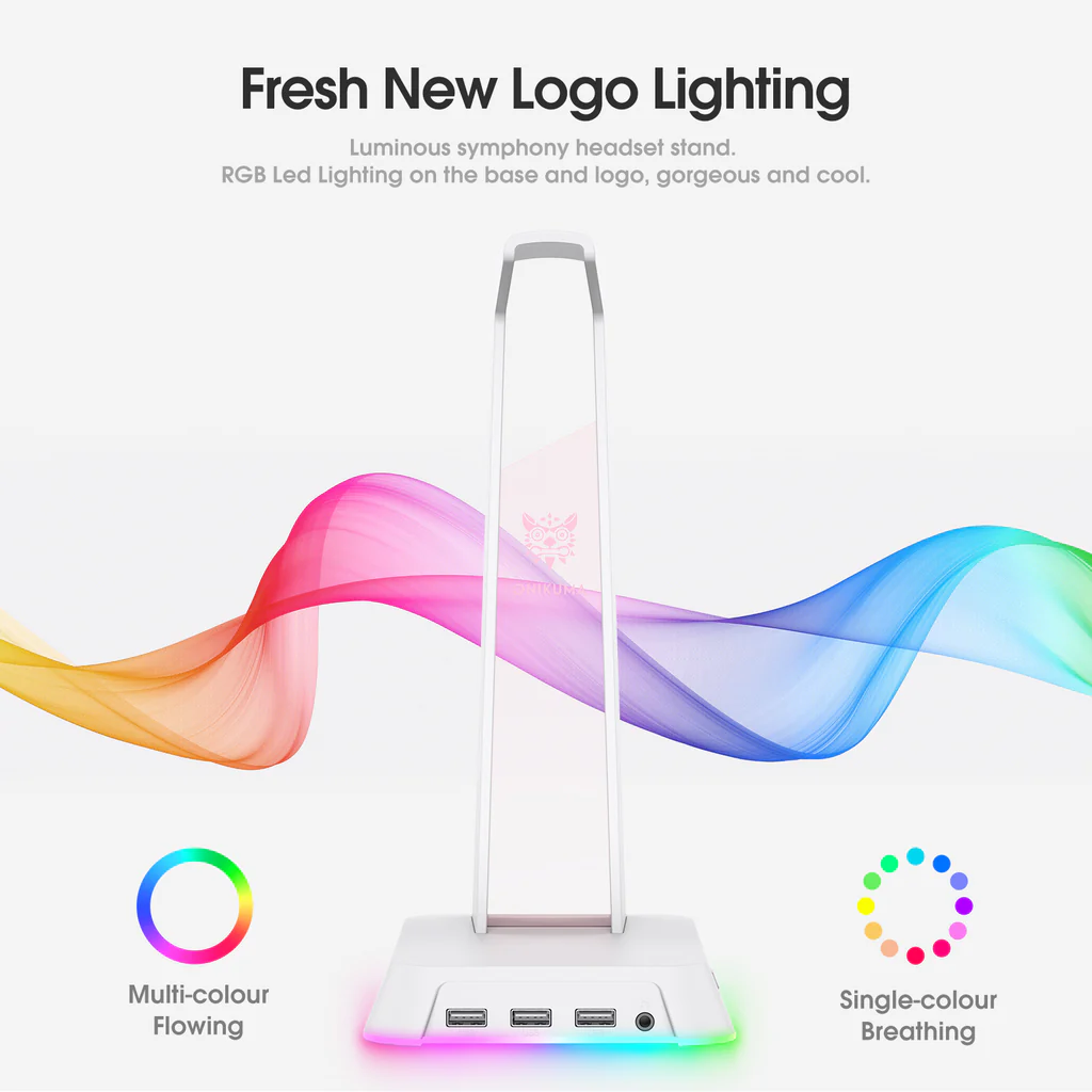 حامل سماعة رأس للألعاب ONIKUMA ST-2 RGB مع 3 منافذ USB وAUX 3.5 مم، 384 جرام - أبيض
